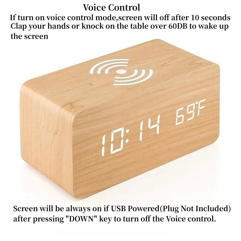 Voice Control Wooden Digital Alarm Clock Wireless Charging LED Clock