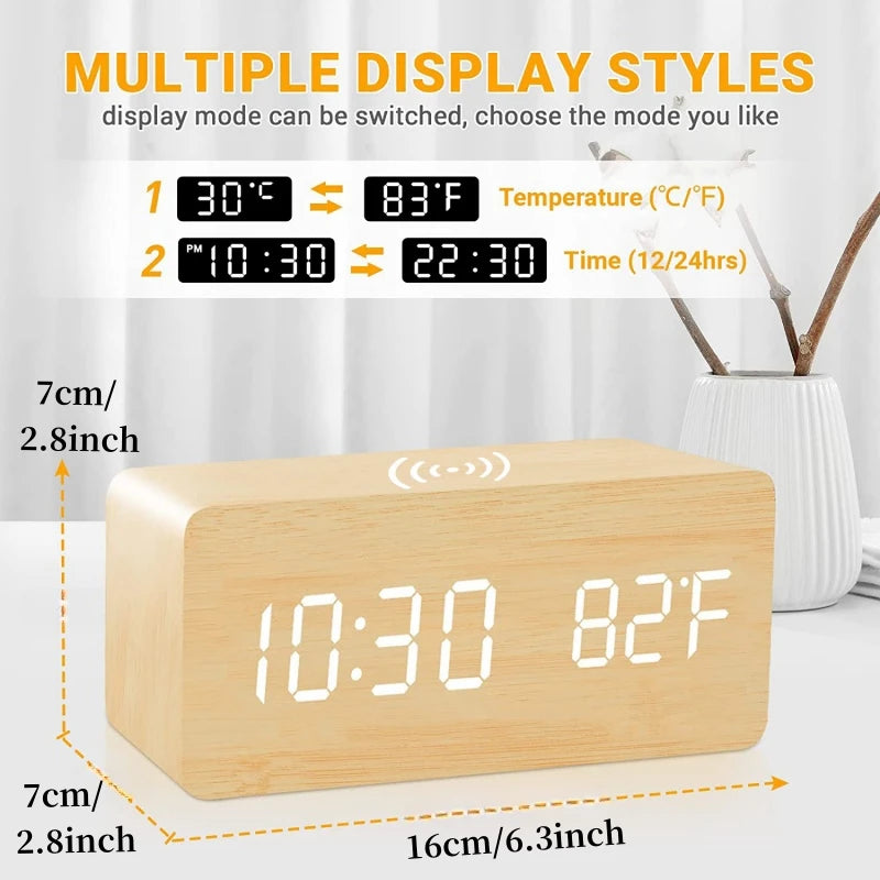 Voice Control Wooden Digital Alarm Clock Wireless Charging LED Clock