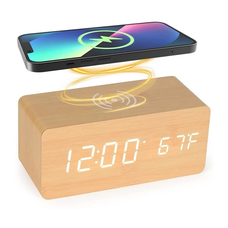 Voice Control Wooden Digital Alarm Clock Wireless Charging LED Clock